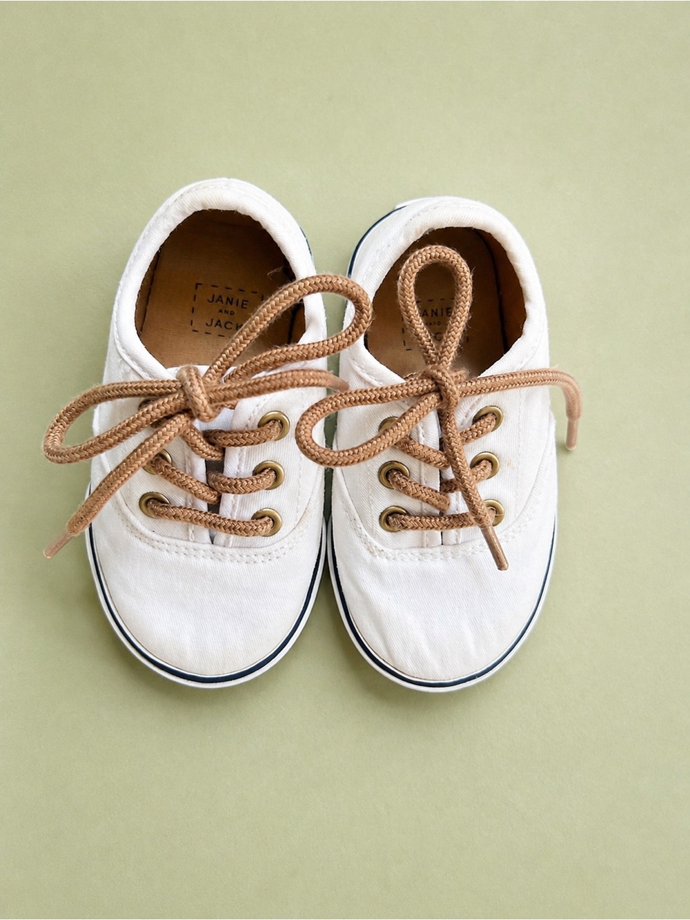 Janie and Jack Cream Canvas Kids Sneakers with Tan Laces
